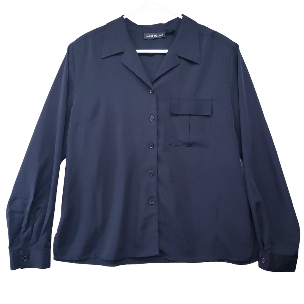 Impressions Womens Matte Black Button Up Dress Shirt Size Large EUC